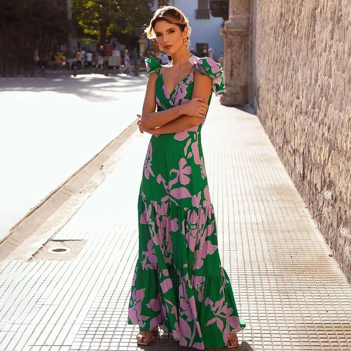 One-piece swimsuit with ruffled straps and printed flared skirt
