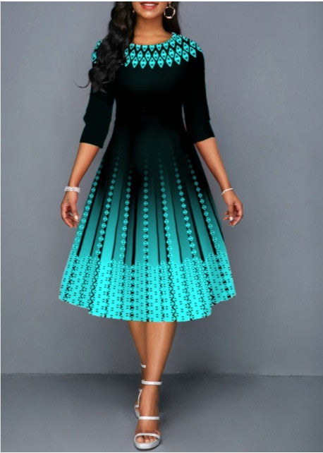 Women's Half Sleeve A-Line Party Dress Vintage O-Neck Plaid Ombre Print Swing Skirt