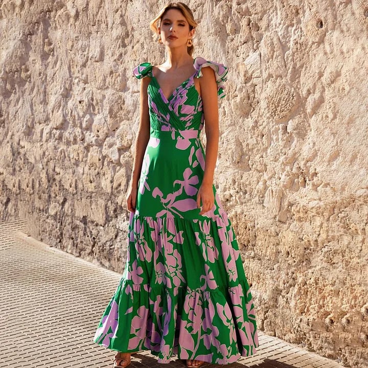 One-piece swimsuit with ruffled straps and printed flared skirt