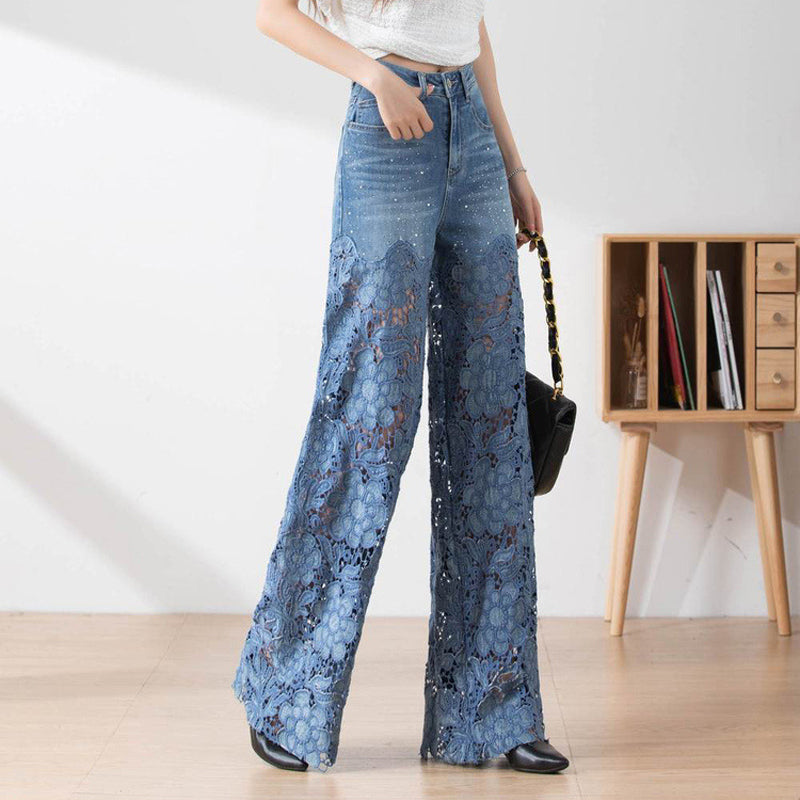 🔥Women's High-Waisted Blue Denim Wide-Leg Pants (Hollow-out Lace Panels)