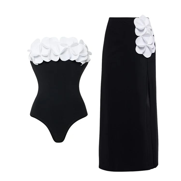 3D Floral One Shoulder Off Shoulder Wrap Dress Swimsuit Set