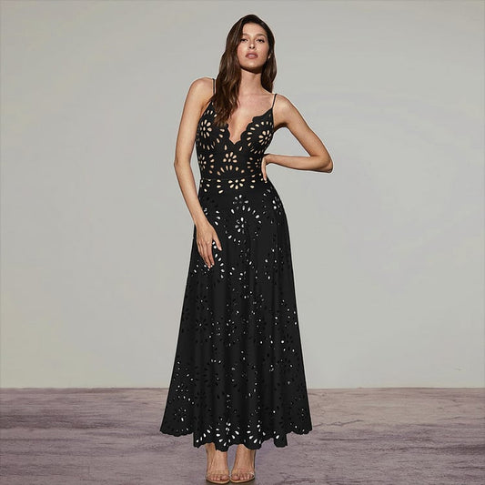 Deep V laser-cut floral backless long cover skirt