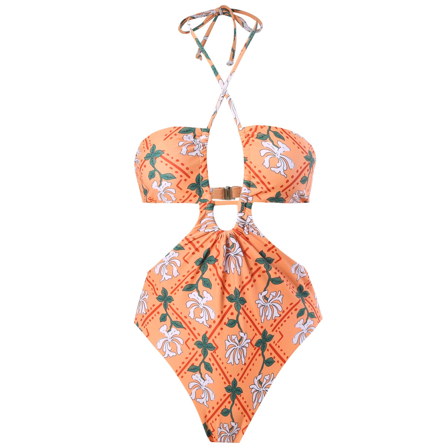 Women's Vintage Orange Floral Halter Swimsuit Set
