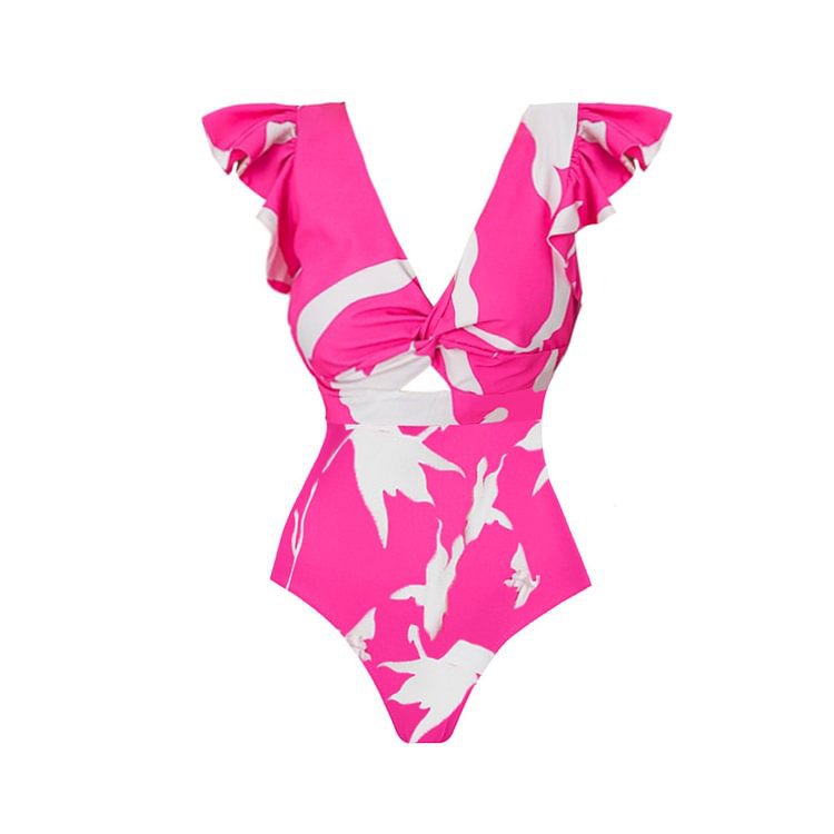 New V-neck ruffled printed one-piece swimsuit perfect for the beach