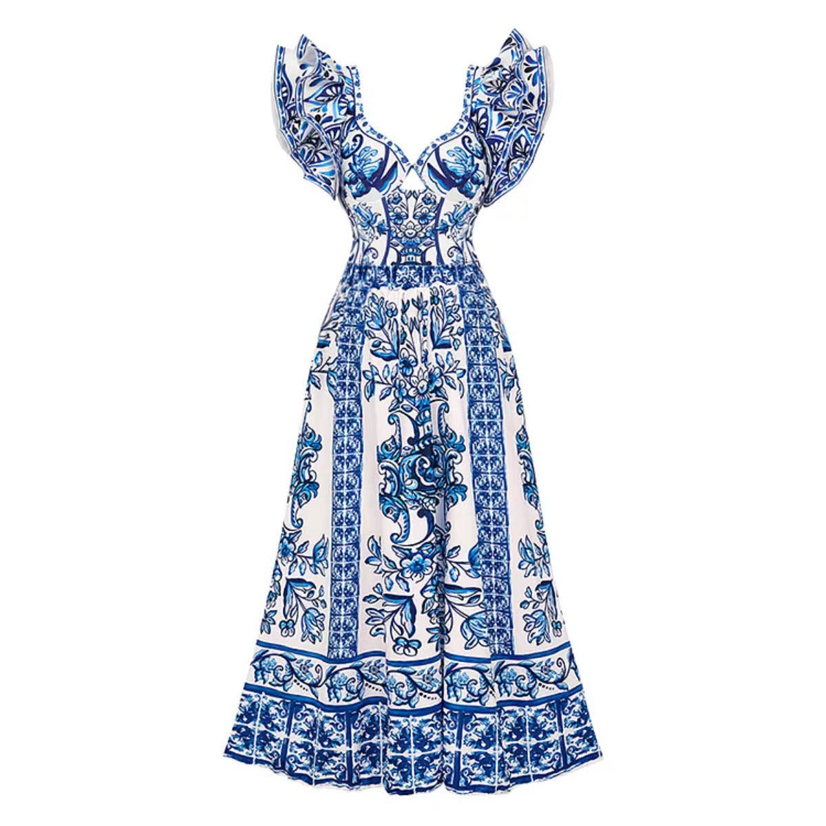 women's blue and white porcelain two-piece swimsuit