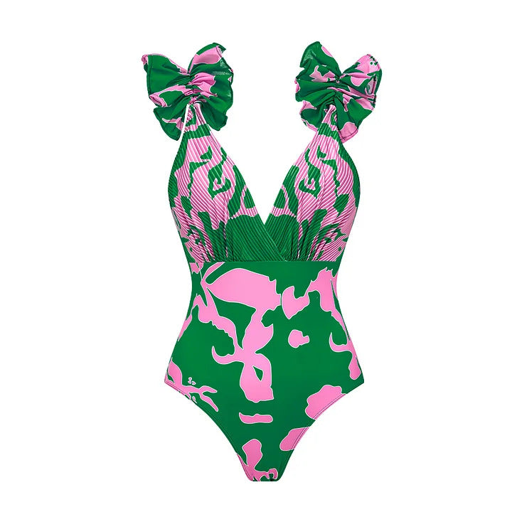 One-piece swimsuit with ruffled straps and printed flared skirt