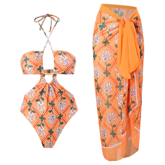 Women's Vintage Orange Floral Halter Swimsuit Set