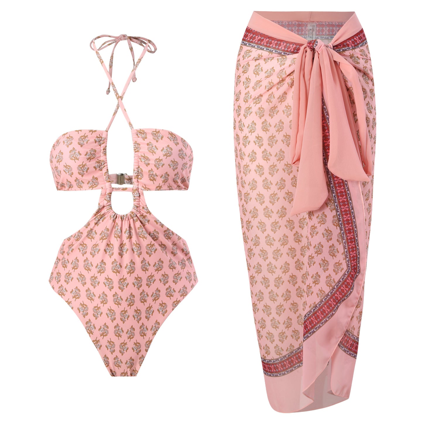 Women's Retro Pink Floral Halter Swimsuit Set