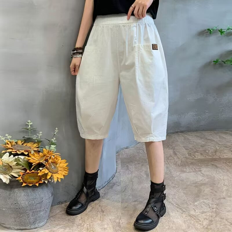 Fashion big pocket women's cropped trousers