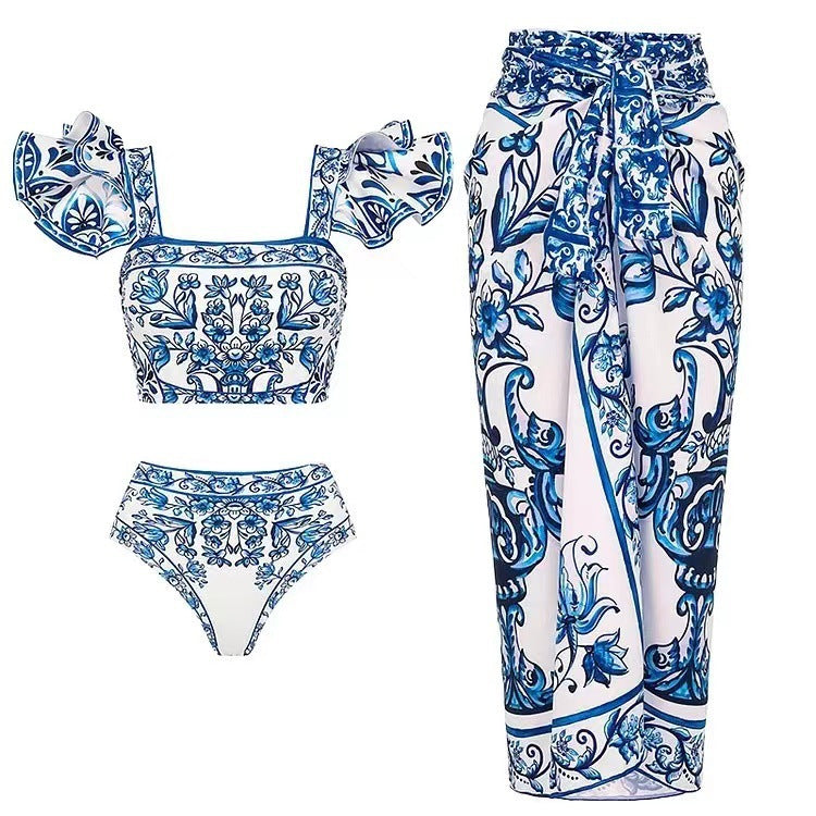 women's blue and white porcelain two-piece swimsuit