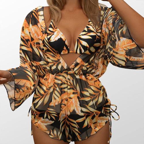Tie-Dye Print Cover-Up Bikini Three-Piece Swimsuit