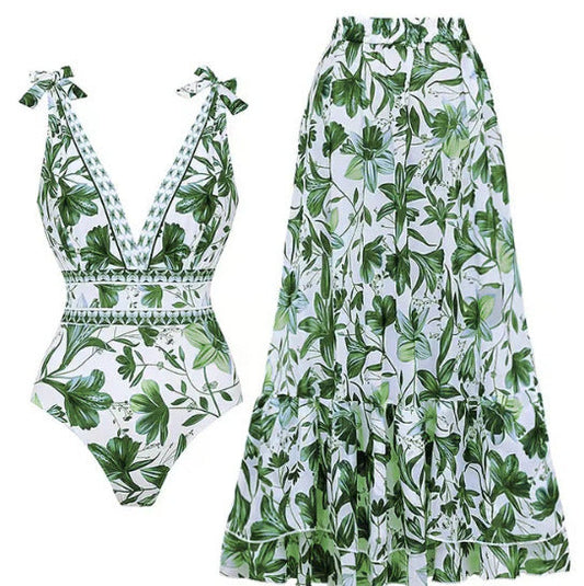 Blue and White Porcelain Swimsuit Wrap Skirt Set (Green)