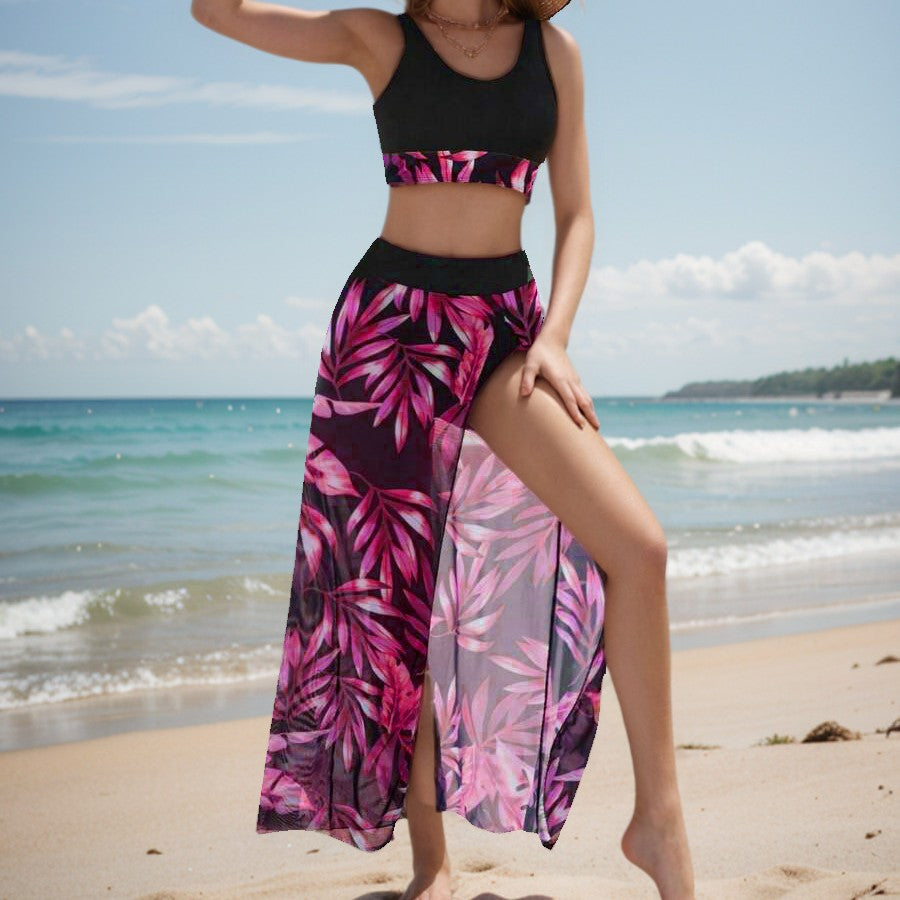 Maple leaf print bikini long dress swimsuit