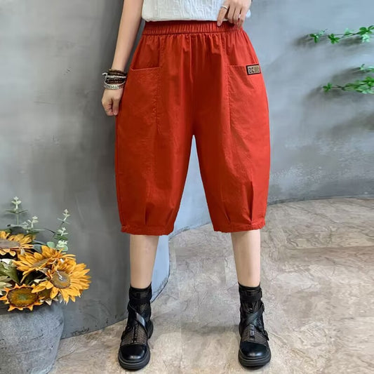 Fashion big pocket women's cropped trousers