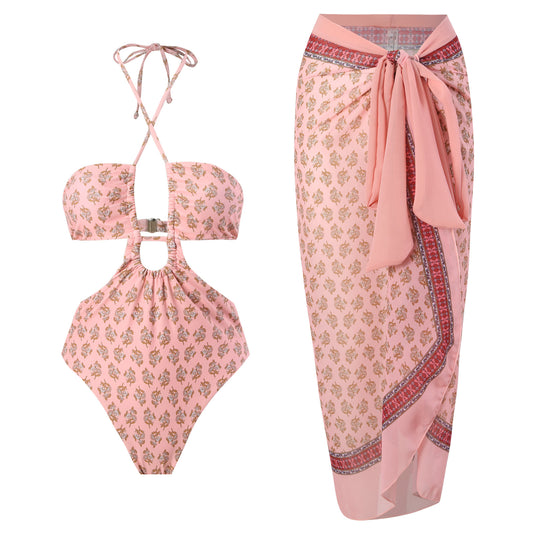 Women's Retro Pink Floral Halter Swimsuit Set