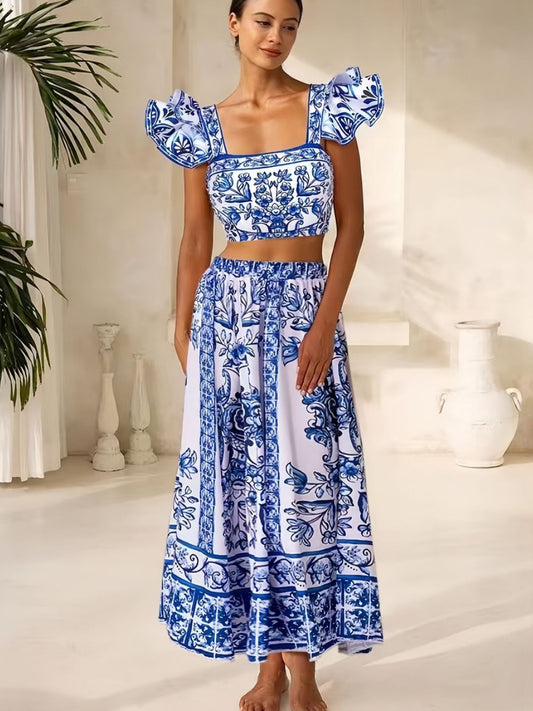 women's blue and white porcelain two-piece swimsuit