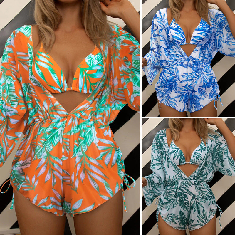 Tie-Dye Print Cover-Up Bikini Three-Piece Swimsuit