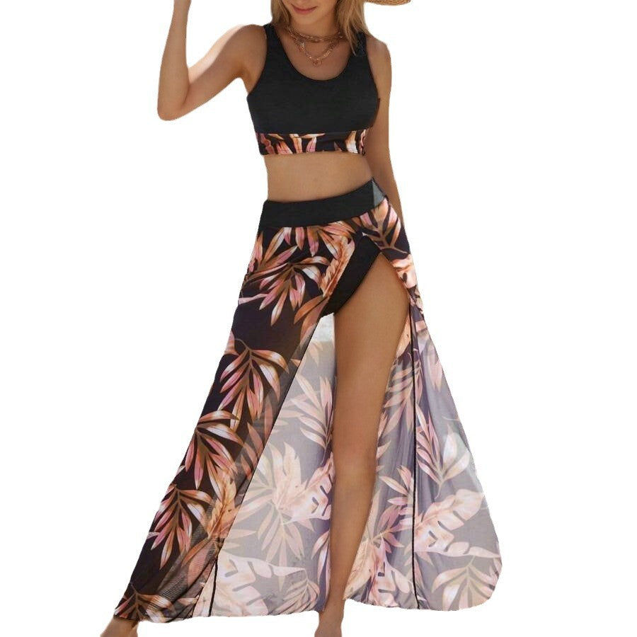 Maple leaf print bikini long dress swimsuit