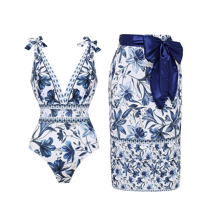 V-neck tie blue and white porcelain one-piece swimsuit