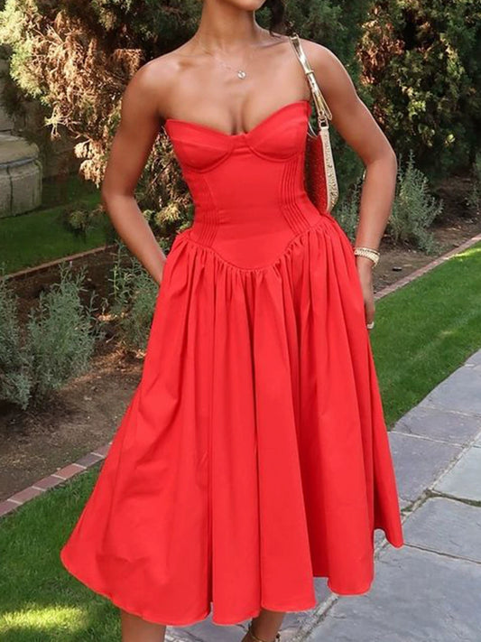 Summer sweet hot girl skirt high-end backless mid-length skirt women's clothing