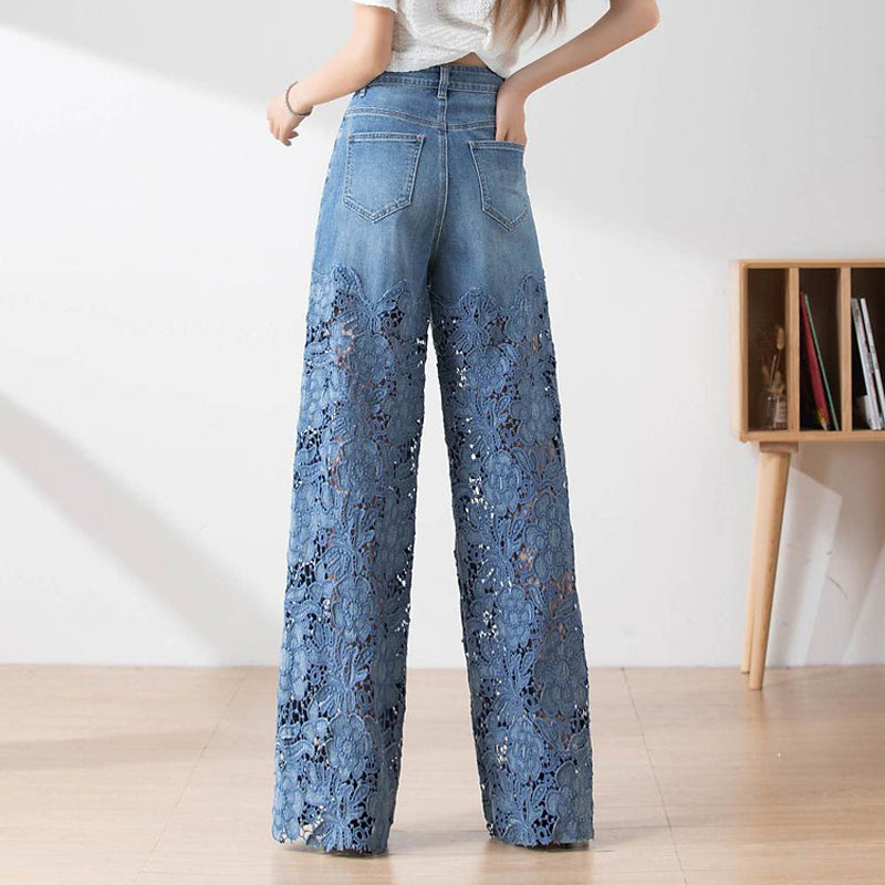 🔥Women's High-Waisted Blue Denim Wide-Leg Pants (Hollow-out Lace Panels)