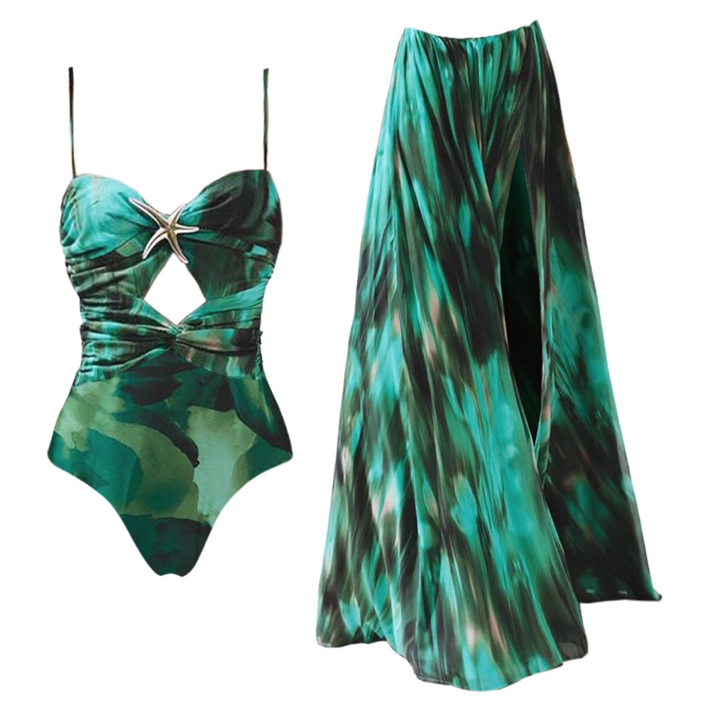 Starfish print hollow flared skirt swimsuit set