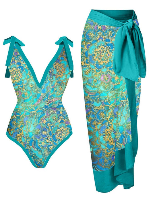 Retro V-neck multicolor printed one-piece swimsuit
