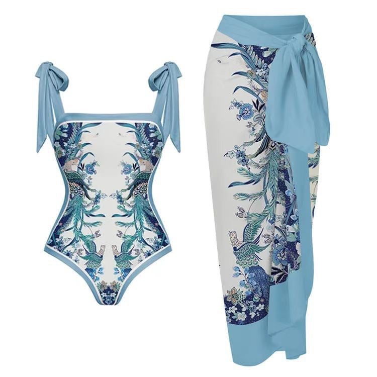 PRINTED CHIFON ONE-PIECE SWIMSUIT SET