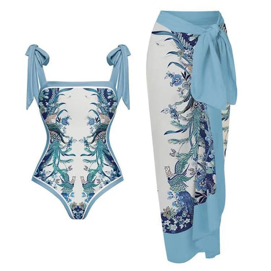 PRINTED CHIFON ONE-PIECE SWIMSUIT SET