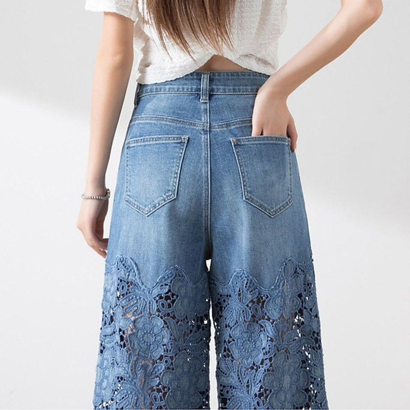 🔥Women's High-Waisted Blue Denim Wide-Leg Pants (Hollow-out Lace Panels)