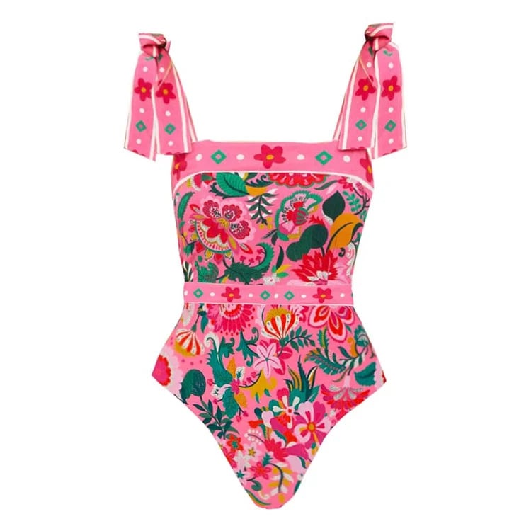 Two-piece swimsuit set with floral print and bow tie