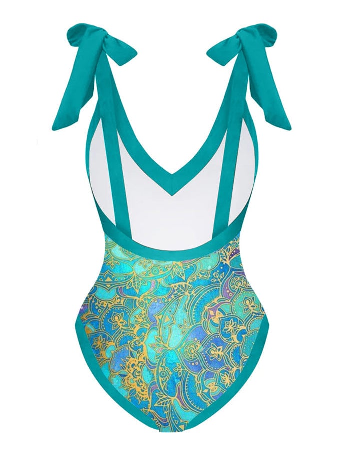 Retro V-neck multicolor printed one-piece swimsuit