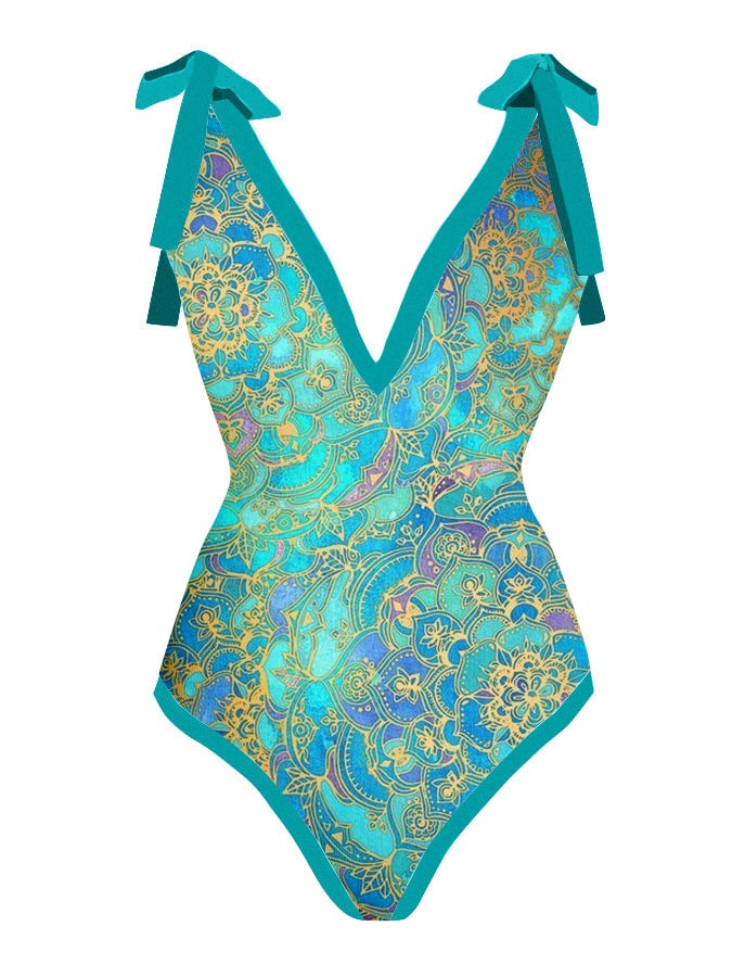 Retro V-neck multicolor printed one-piece swimsuit