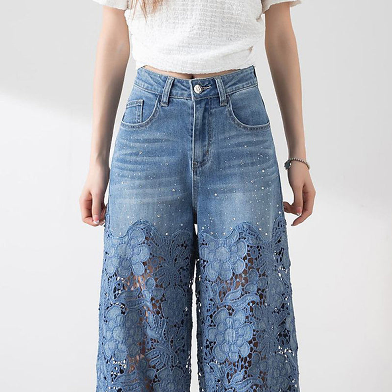 🔥Women's High-Waisted Blue Denim Wide-Leg Pants (Hollow-out Lace Panels)