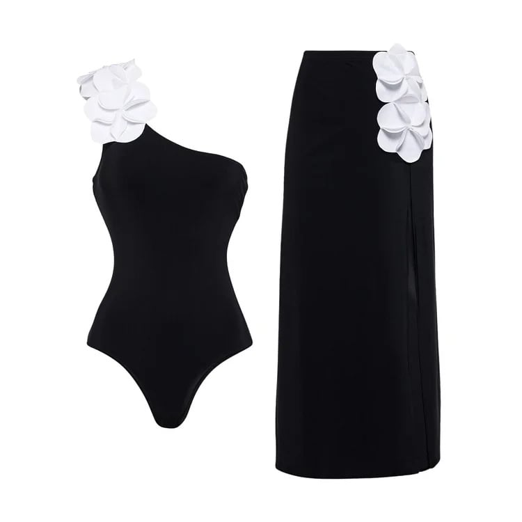 3D Floral One Shoulder Off Shoulder Wrap Dress Swimsuit Set