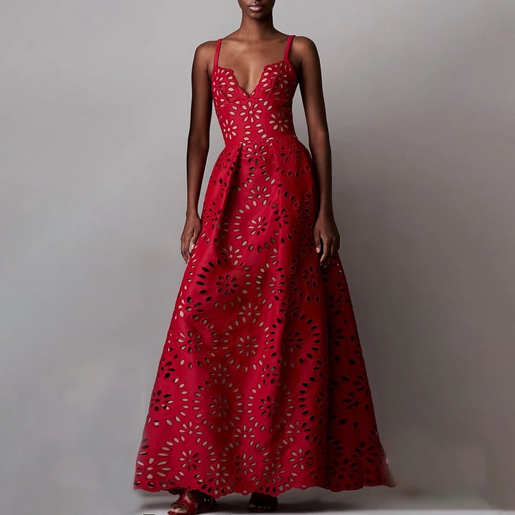 Deep V laser-cut floral backless long cover skirt