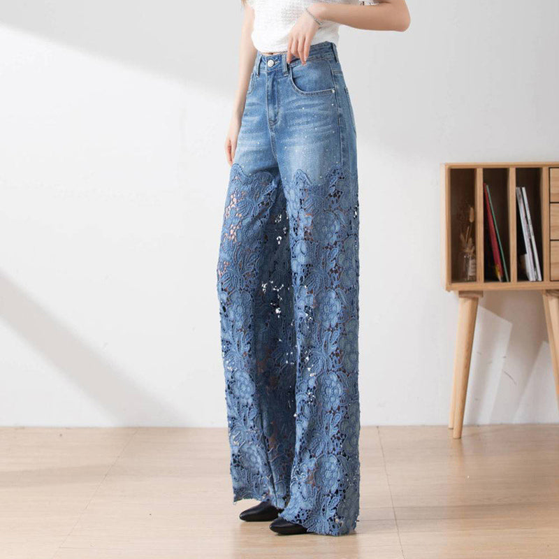 🔥Women's High-Waisted Blue Denim Wide-Leg Pants (Hollow-out Lace Panels)