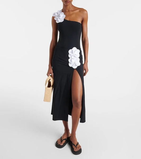 3D Floral One Shoulder Off Shoulder Wrap Dress Swimsuit Set