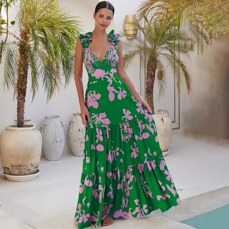 One-piece swimsuit with ruffled straps and printed flared skirt