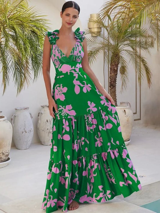 One-piece swimsuit with ruffled straps and printed flared skirt